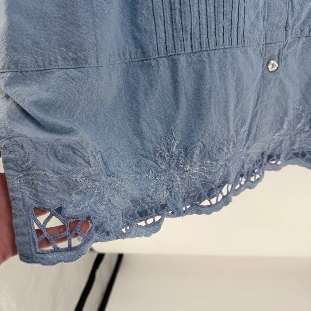 Fashion Bug Button Down Womens 26/28‎ Blue Embroidered Eyelet Cottagecore Boho